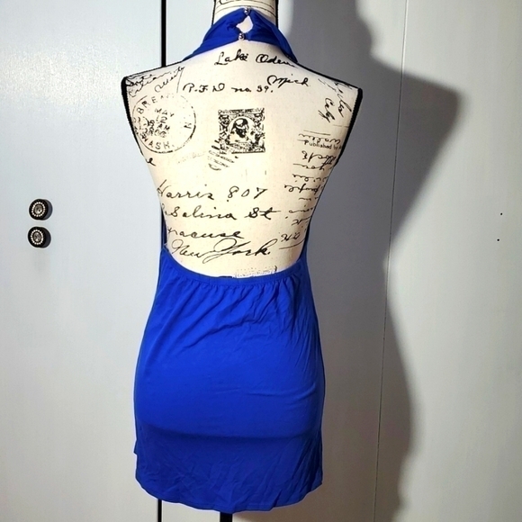 Womens Deep Plunge Vneck Royal blue Open Back  Halter Top Stretchy Sz.Medium - Picture 4 of 6
